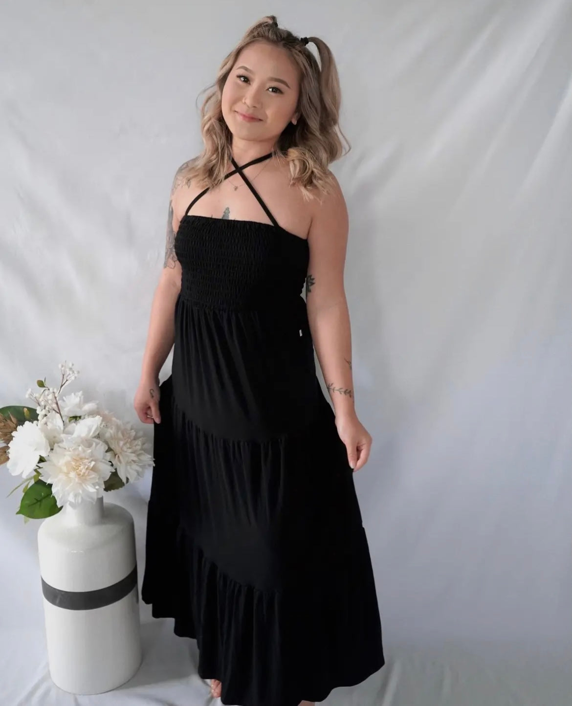 Black Bamboo Smocked Top Womens Dress