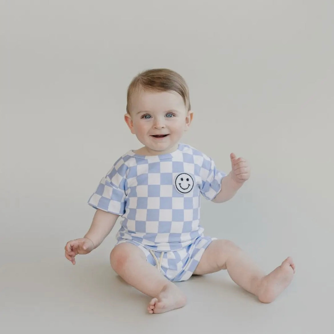 Blue Smiley Checkered Short Set