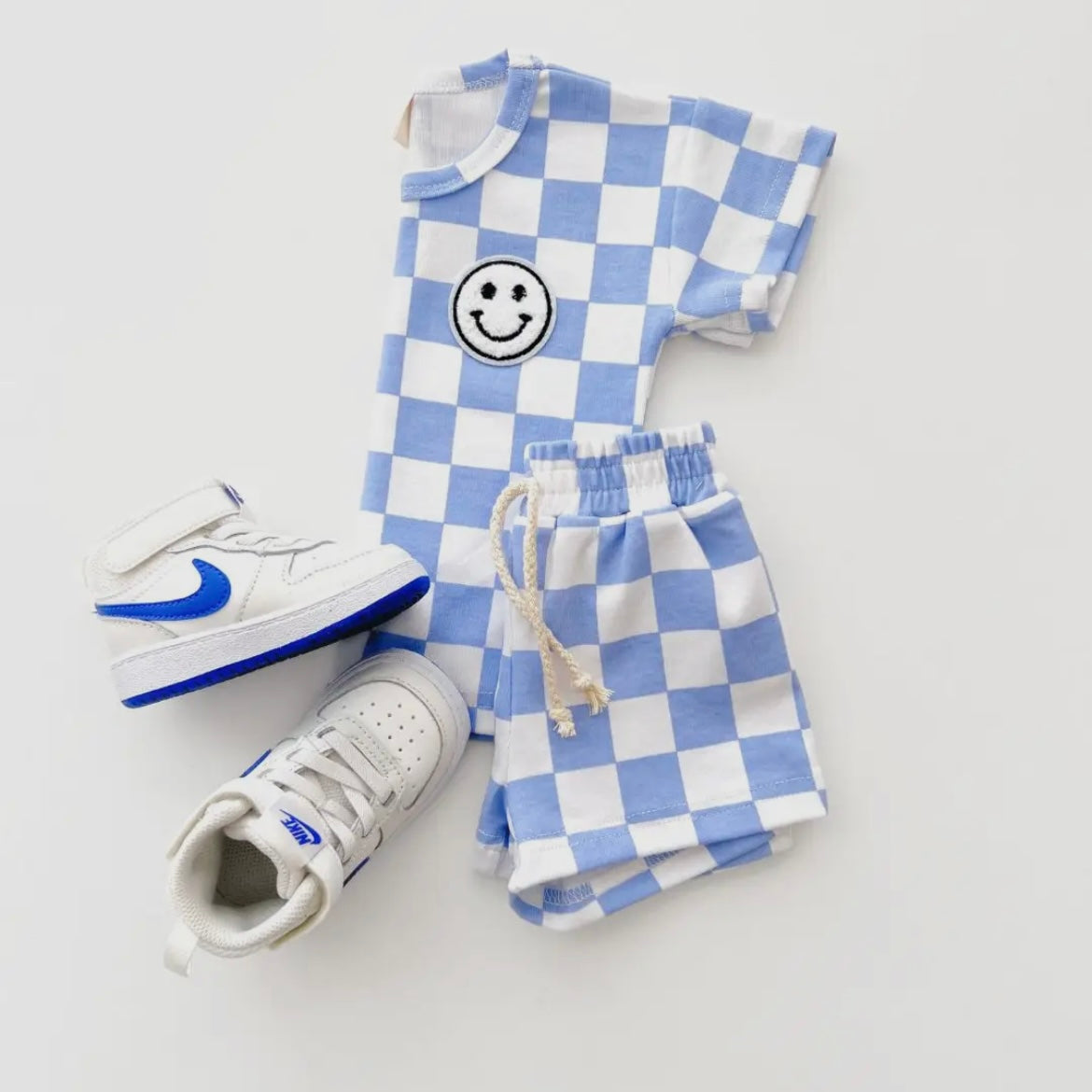 Blue Smiley Checkered Short Set