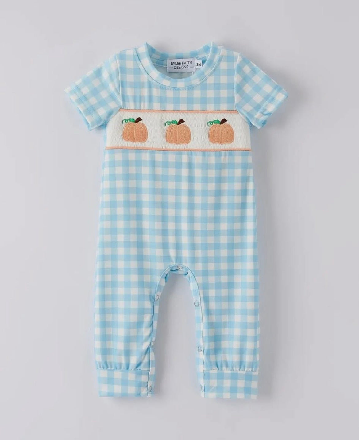 Boys Light Blue Gingham Pumpkin Romper