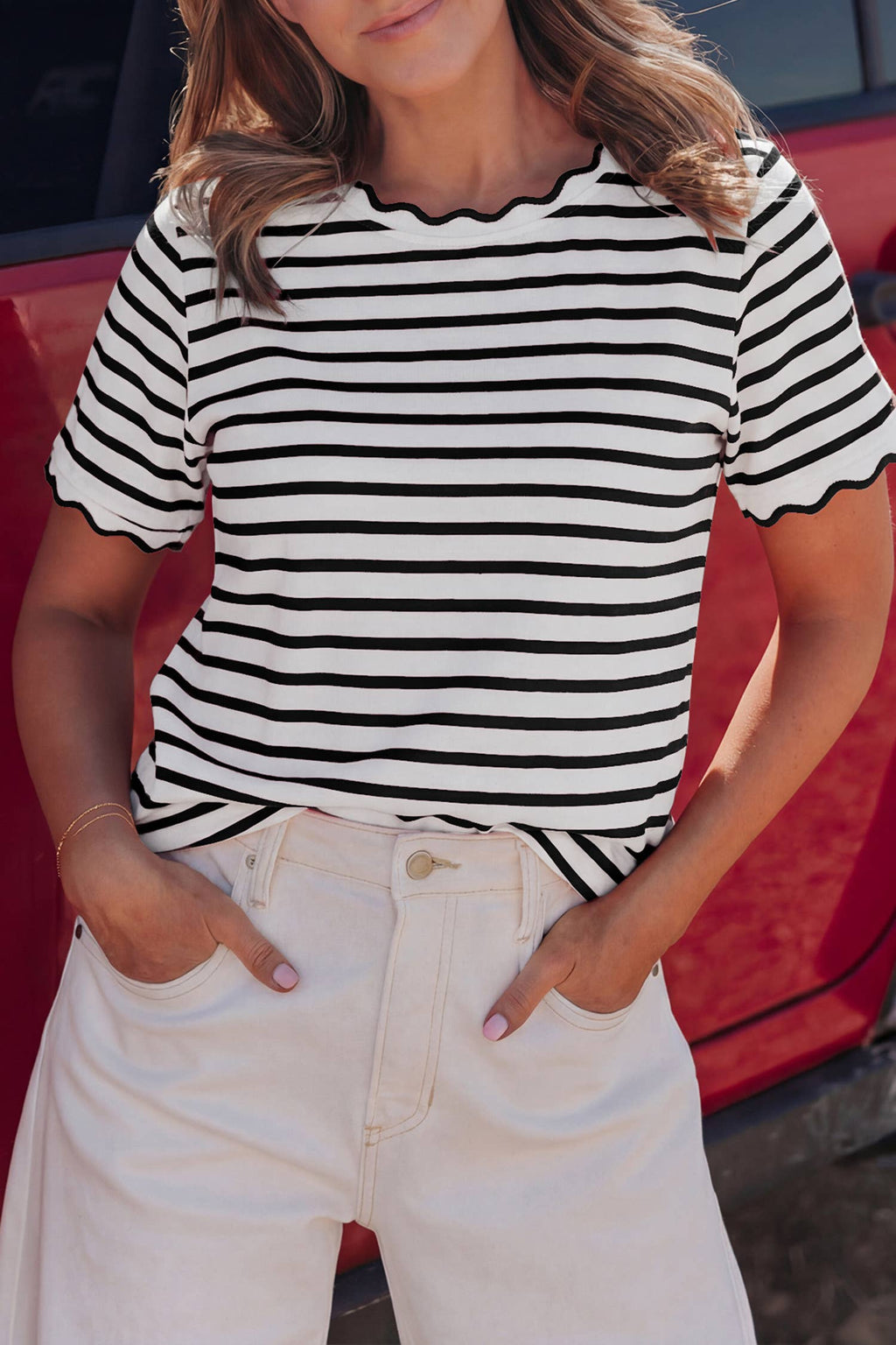 Stripe Scalloped Trim Round Neck T Shirt