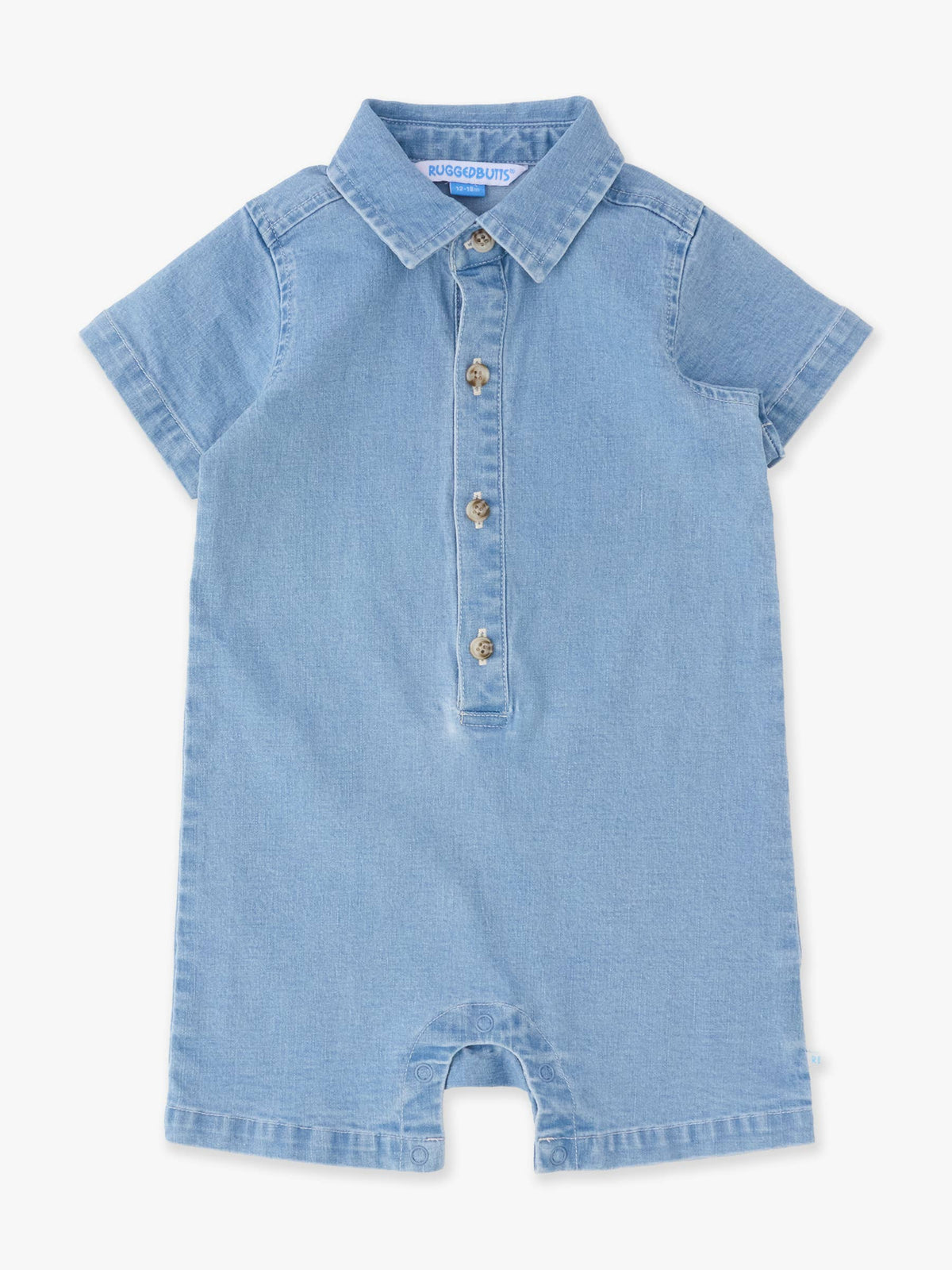 Baby Boys Light Wash Stretch Denim Short Sleeve Button-up Romper