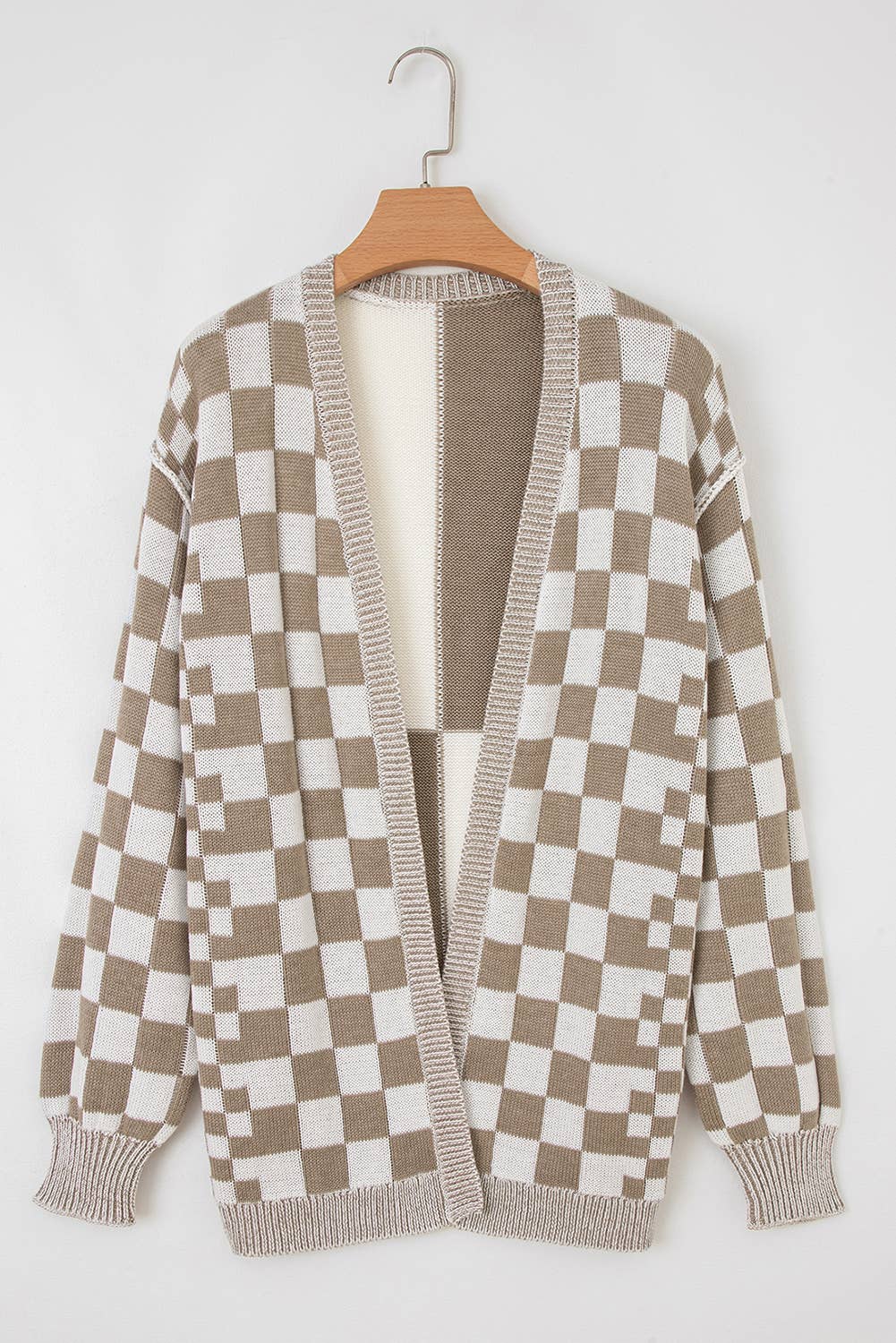 Checkered Open Front Drop Shoulder Cardigan (S-4X)
