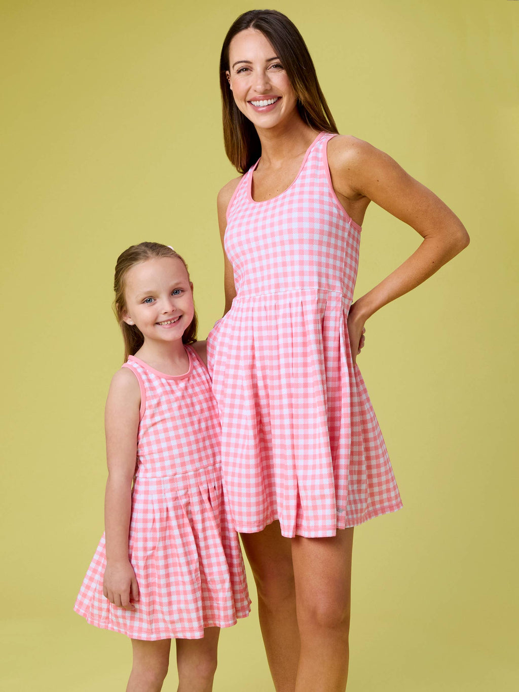 Women's Bubblegum Gingham Pleated Skirt Active Dress & Bike Short Set