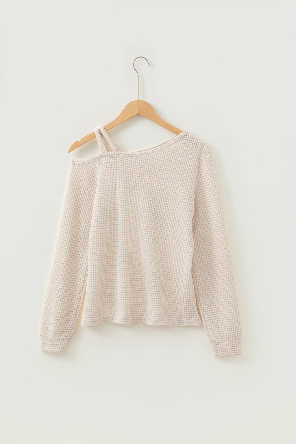 Textured Knit Asymmetric Shoulder Long Sleeve Top (S-XL)