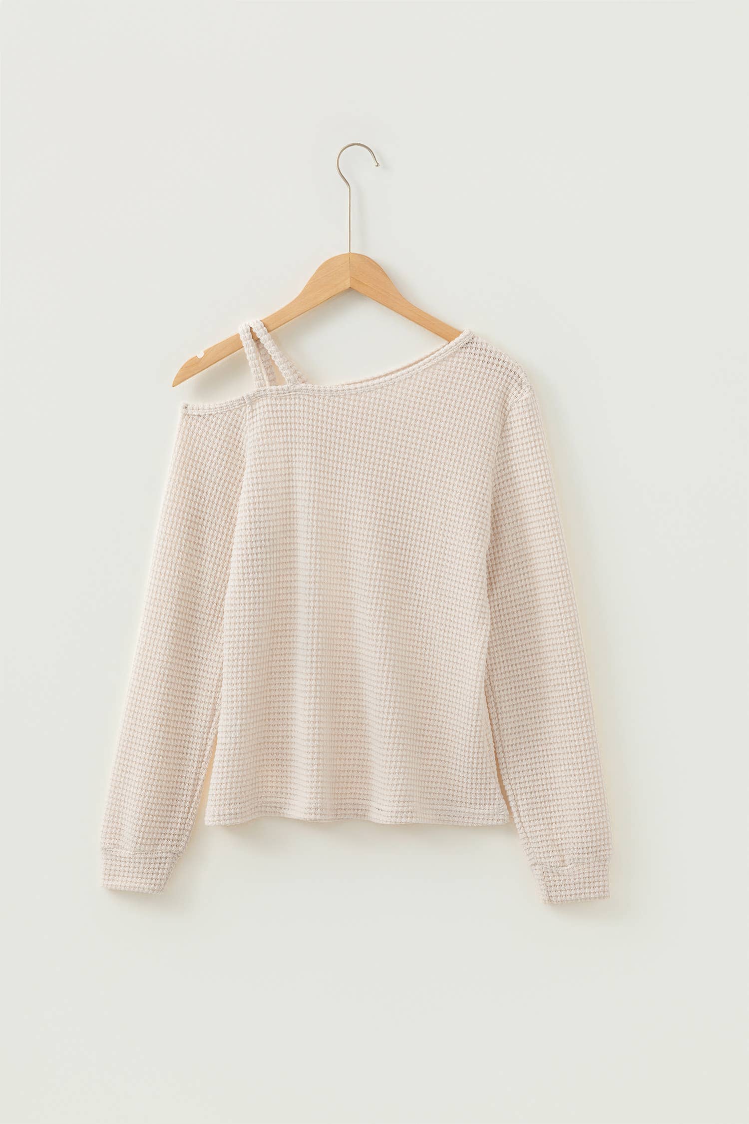 Textured Knit Asymmetric Shoulder Long Sleeve Top (S-XL)