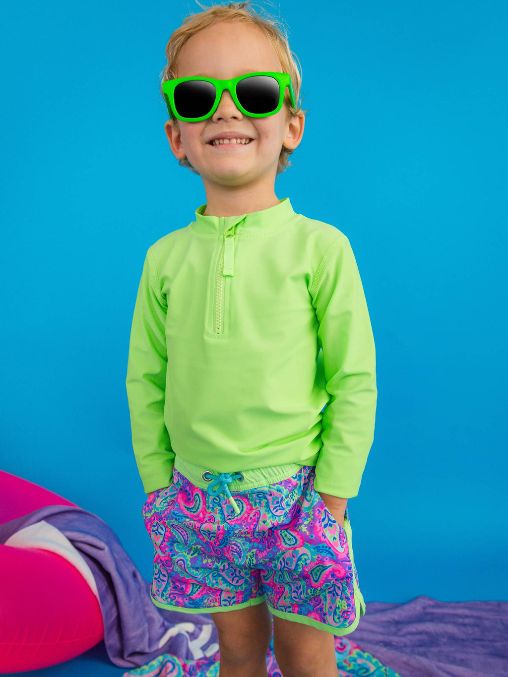 Boys Neon Paisley Pop Performance Hybrid Dolphin Hem Swim Trunks