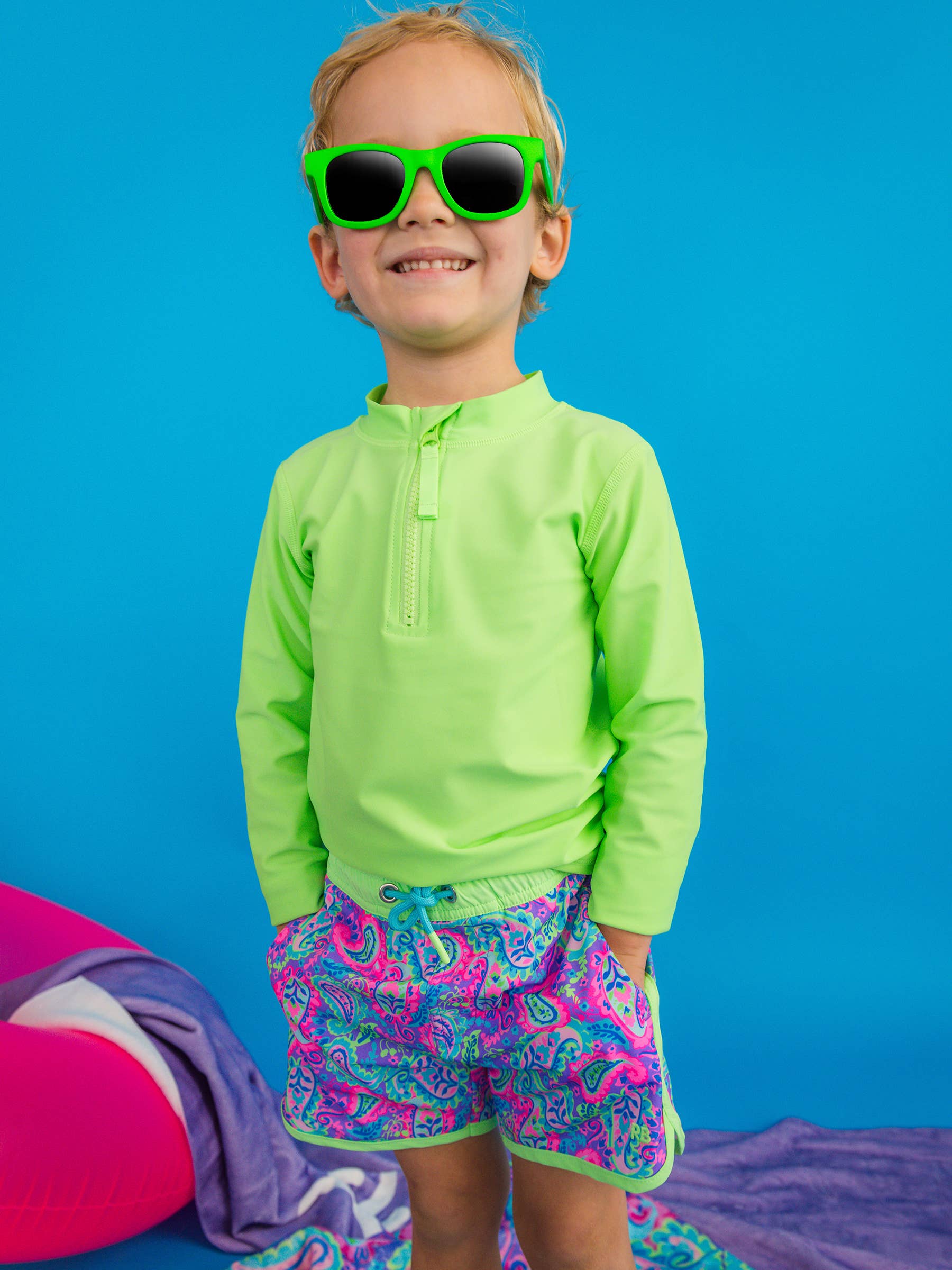 Boys Neon Paisley Pop Performance Hybrid Dolphin Hem Swim Trunks