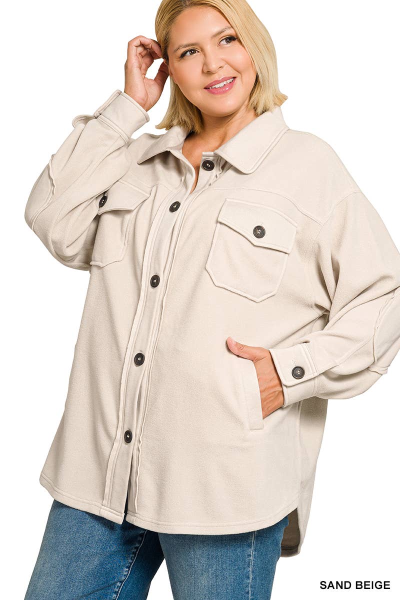 Plus Oversized Basic Fleece Shacket w/ Side pockets Zenana