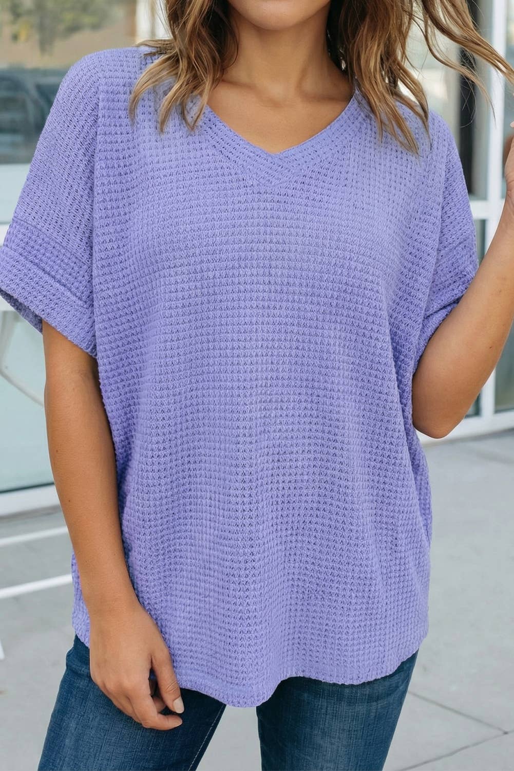 Plus Size Waffle V Neck Short Sleeve Knit Top (S-4X)