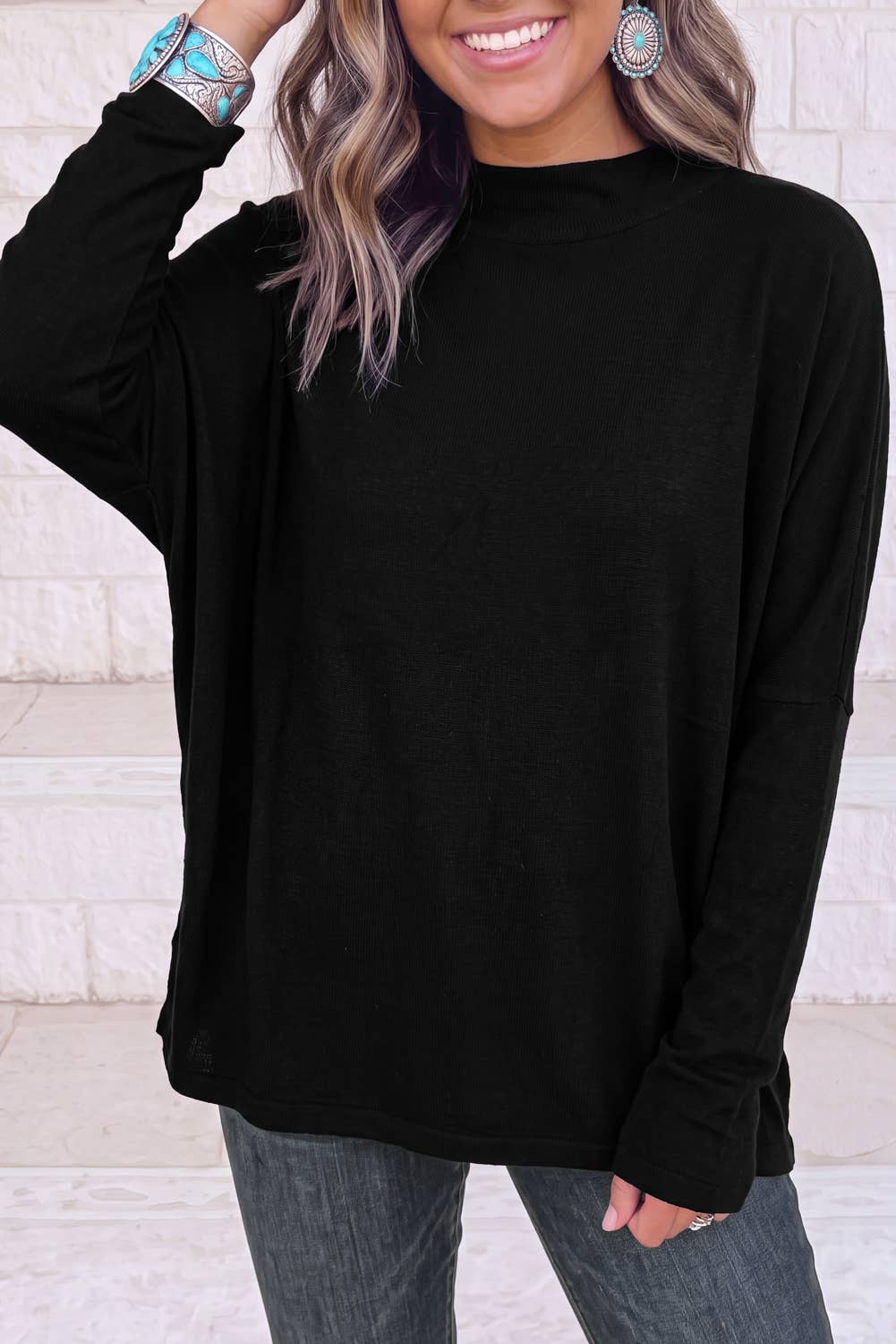 Oversized Mock Neck Long Sleeve Layering Basic Blouse