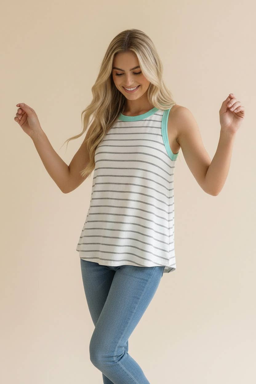 Plus Round Neck Color Block Multi Stripe Tank