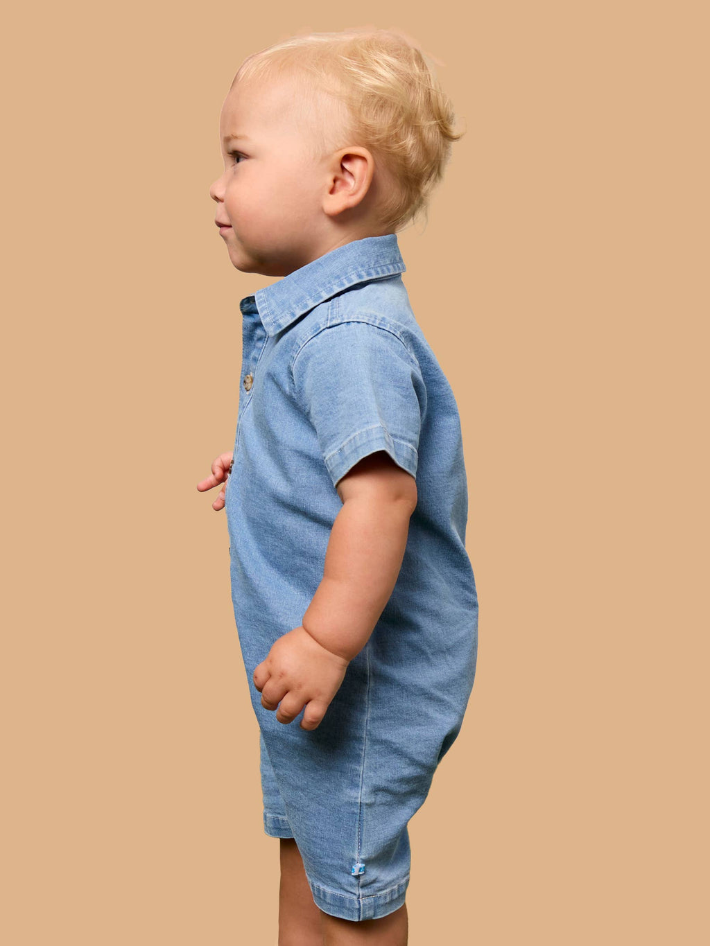 Baby Boys Light Wash Stretch Denim Short Sleeve Button-up Romper