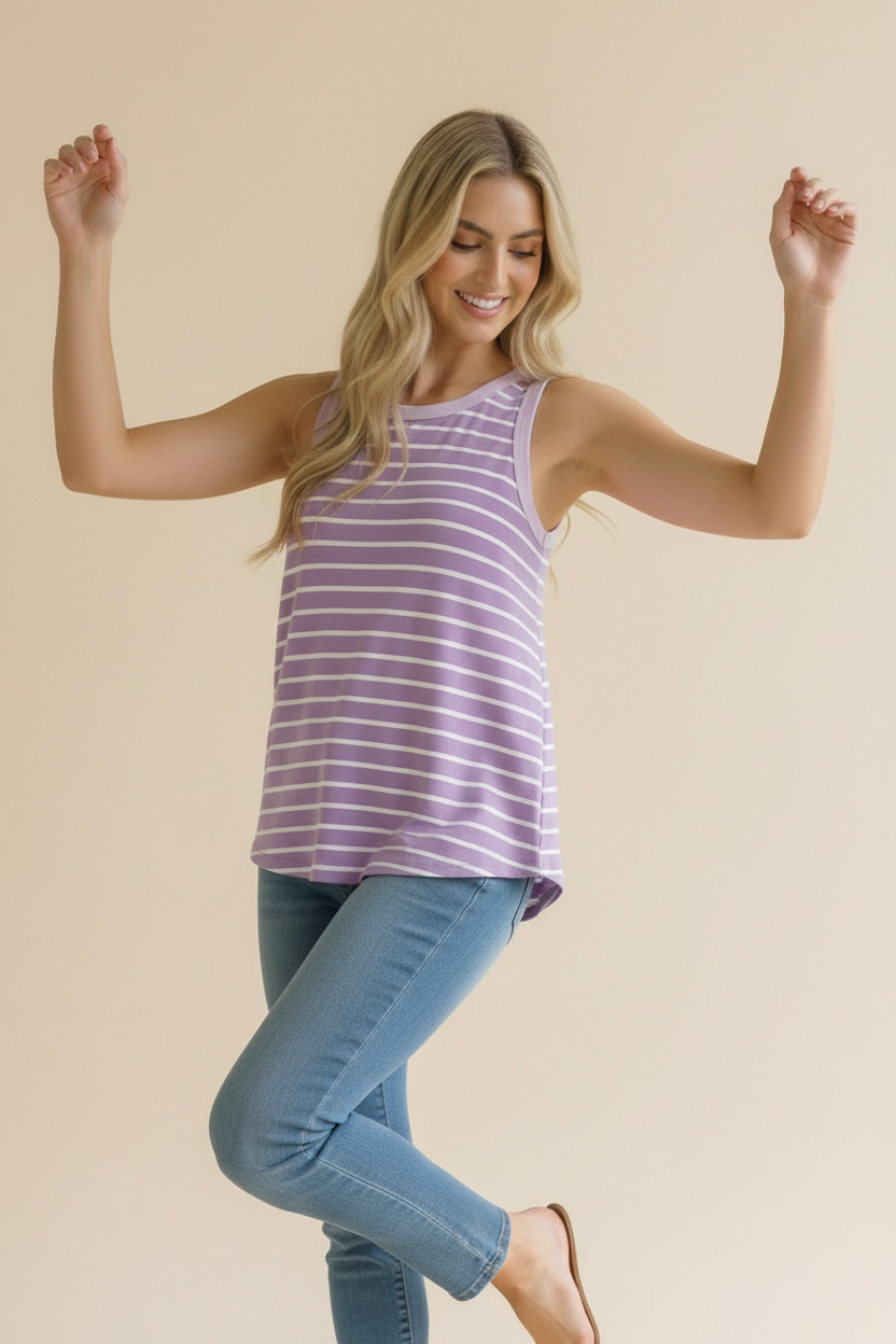 Round Neck Color Block Multi Stripe Tank