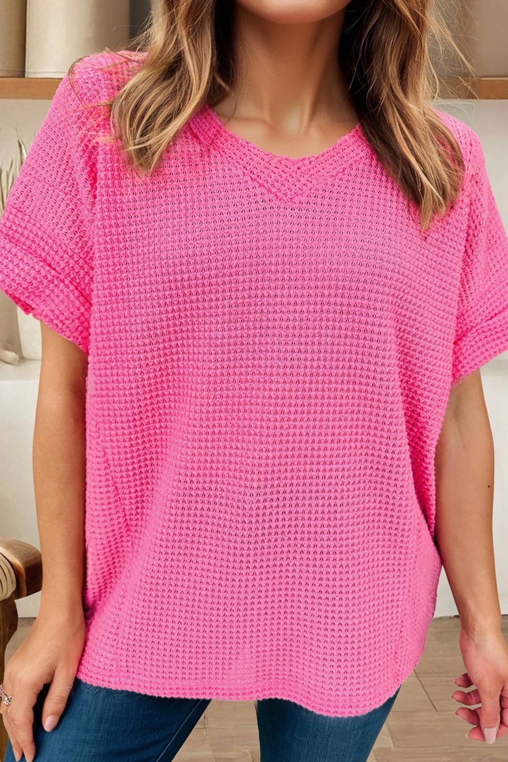 Plus Size Waffle V Neck Short Sleeve Knit Top (S-4X)