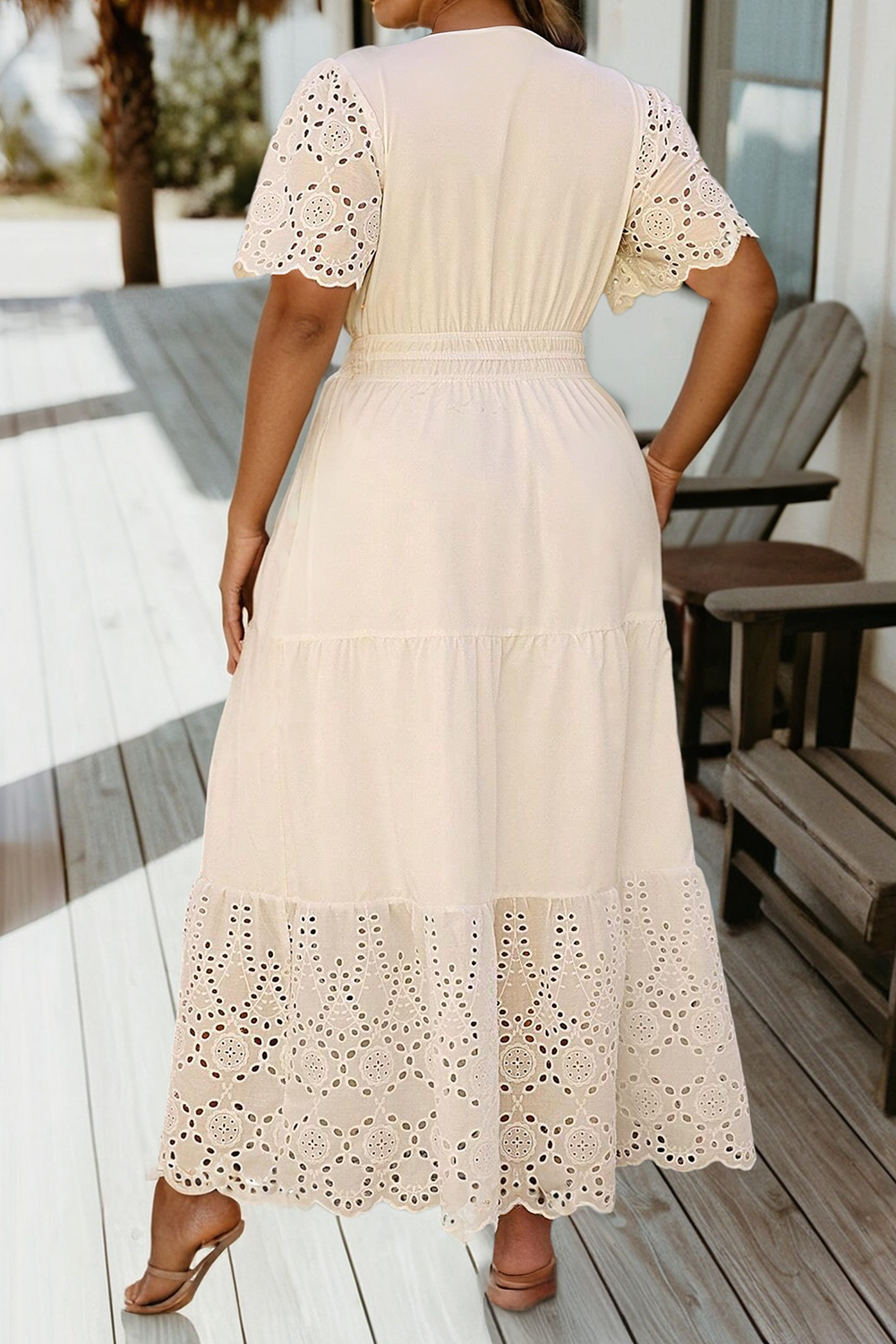 Plus Size V Neck Lacy Patchwork Short Sleeve Maxi Dress