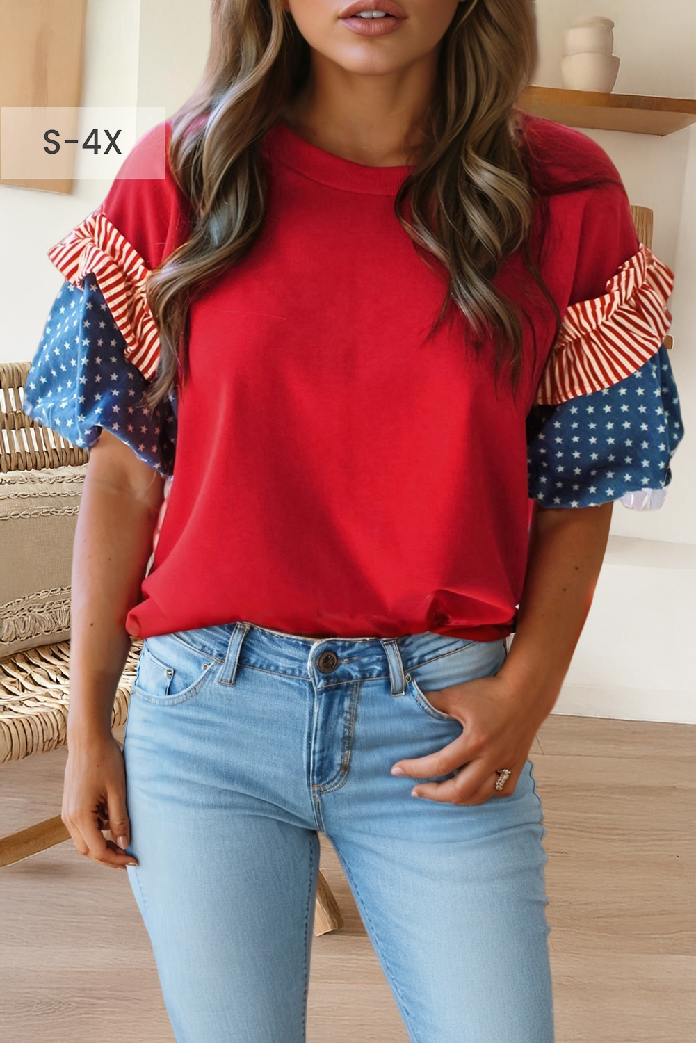 66 Plus Size Stars Stripes Short Puff Sleeve Top (S-4X)