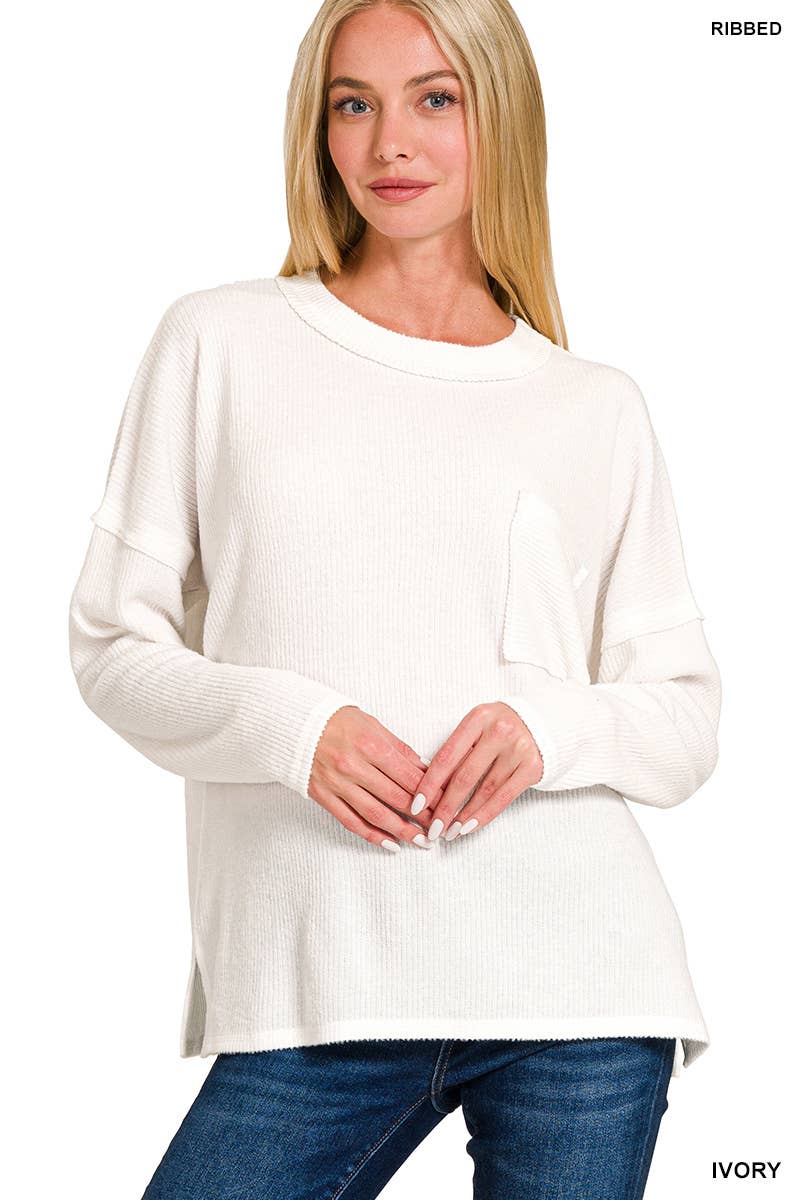 `Ribbed Brushed Melange Hacci Sweater With A Pocket Zenana