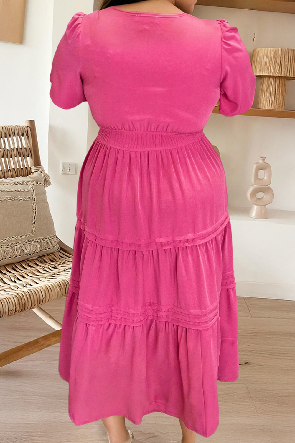 Plus Size Split Neck Short Sleeve Flare Tiered Maxi Dress