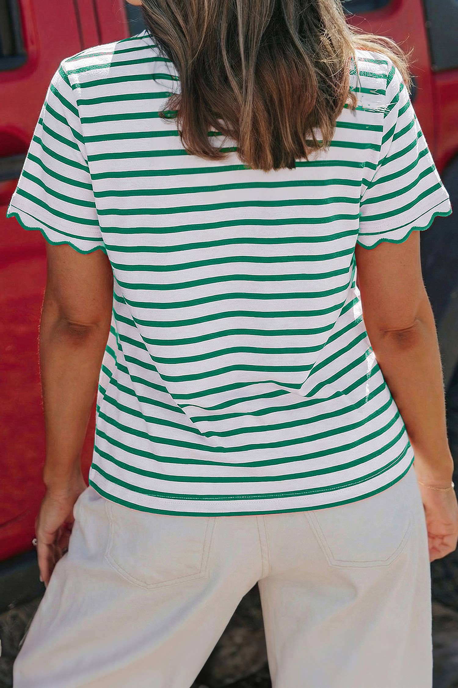 Stripe Scalloped Trim Round Neck T Shirt