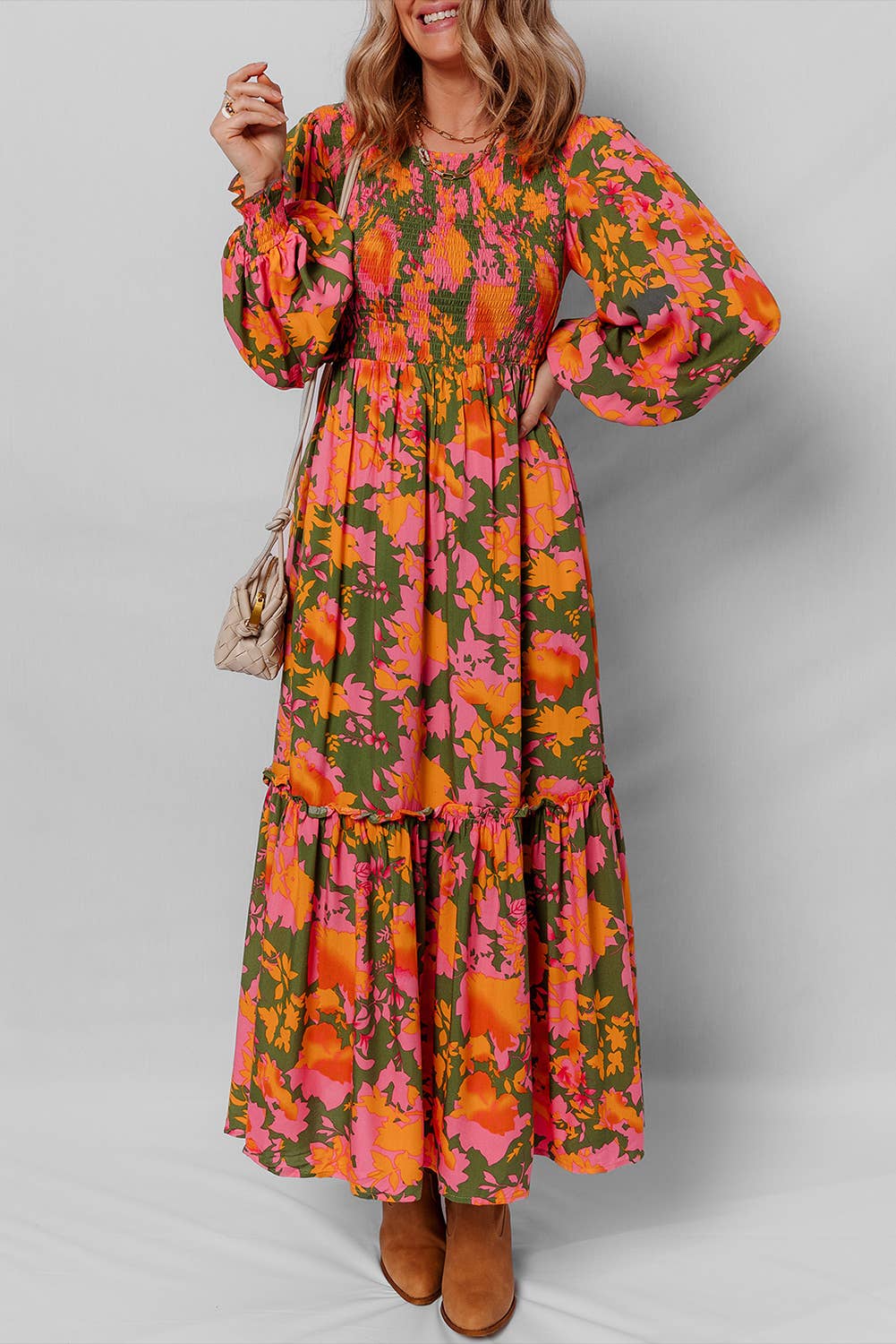 Floral Puff Sleeve Smocked Bodice Ruffled Long Dress (S-XL)