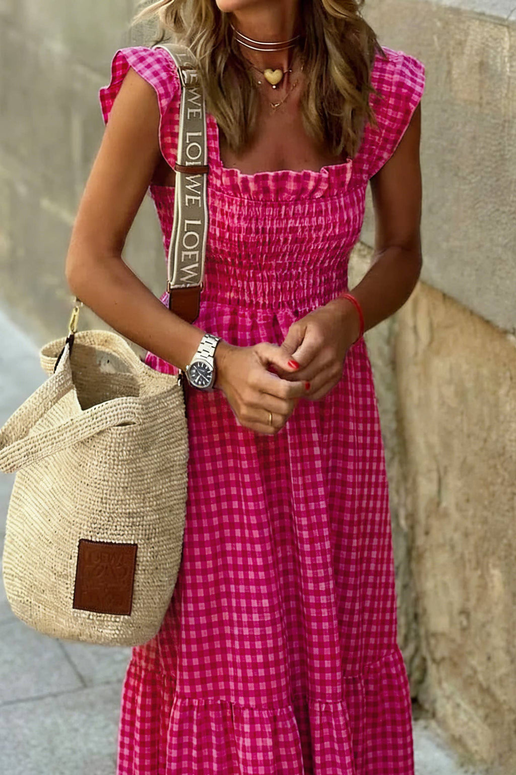Plaid Square Neck Fit-and-flared Vacation Sundress (S-XL)