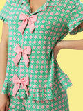 SoftSnooze™ Women's Bamboo Viscose Pink Coastal Cane Short Sleeve Bow Ruffle Pajama Set