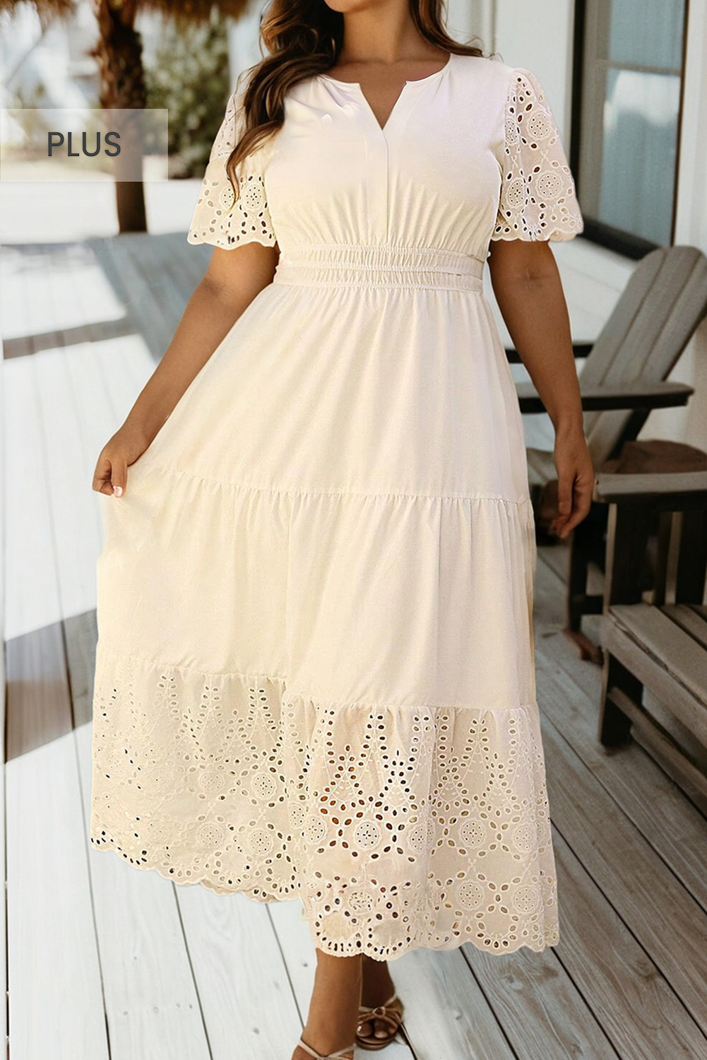 Plus Size V Neck Lacy Patchwork Short Sleeve Maxi Dress