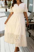 Plus Size V Neck Lacy Patchwork Short Sleeve Maxi Dress