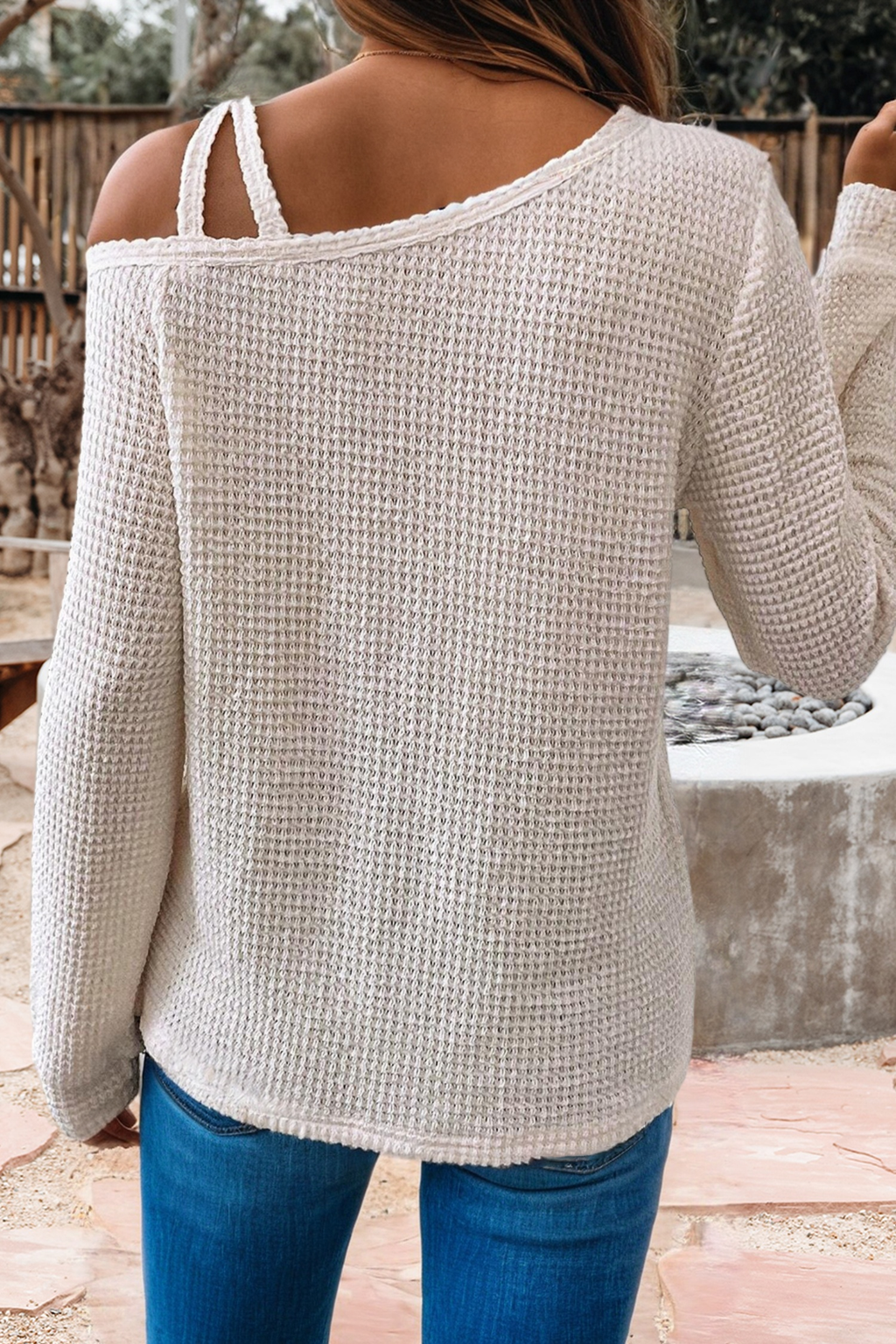 Textured Knit Asymmetric Shoulder Long Sleeve Top (S-XL)
