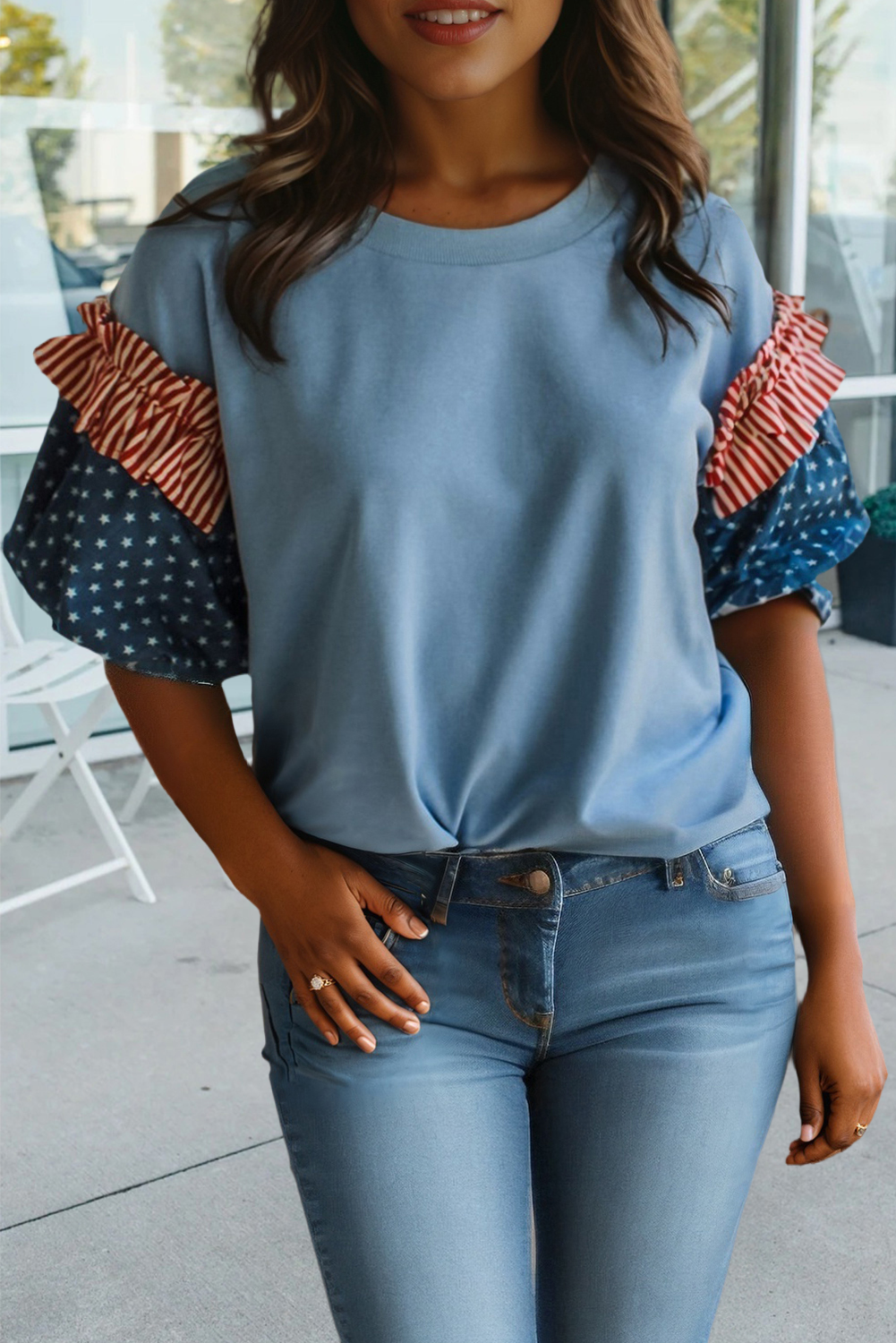 66 Plus Size Stars Stripes Short Puff Sleeve Top (S-4X)