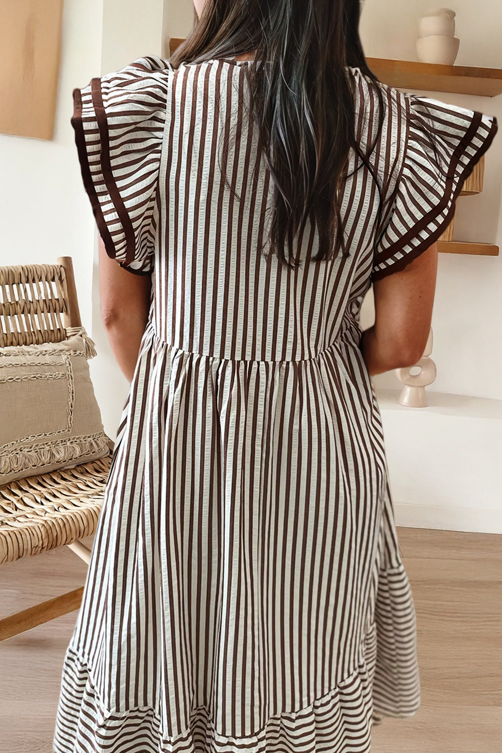 Stripe Double Ruffled Short Sleeve V Neck Midi Dress (S-XL)