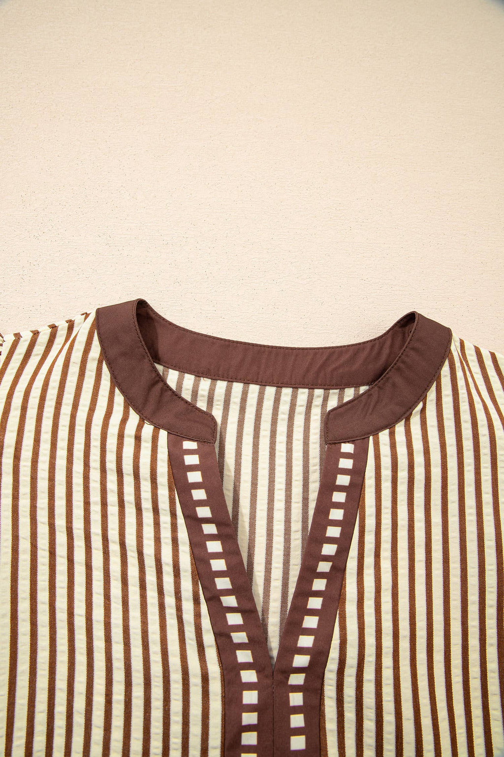 Stripe Double Ruffled Short Sleeve V Neck Midi Dress (S-XL)