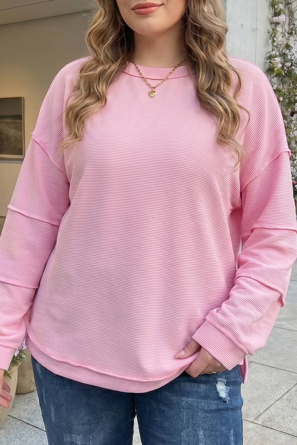 Solid Drop Shoulder Long Sleeve Plus Size Ribbed Top (1X-4X)