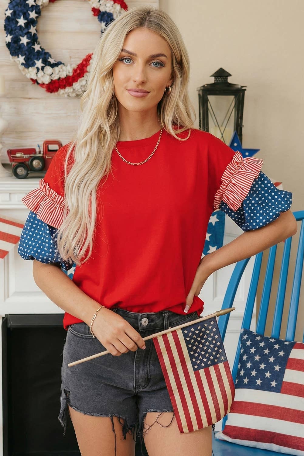 66 Plus Size Stars Stripes Short Puff Sleeve Top (S-4X)