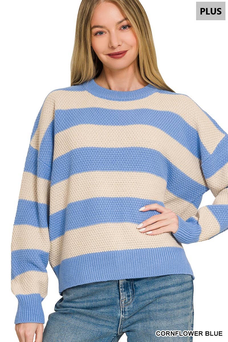Plus Striped Drop Shoulder  Sweater Zenana