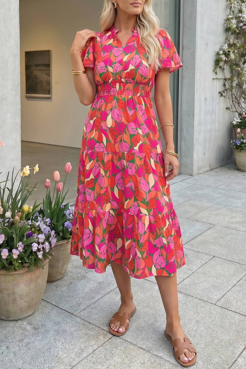 Floral Short Sleeve Smocked Waist Maxi Dress (S-XL)