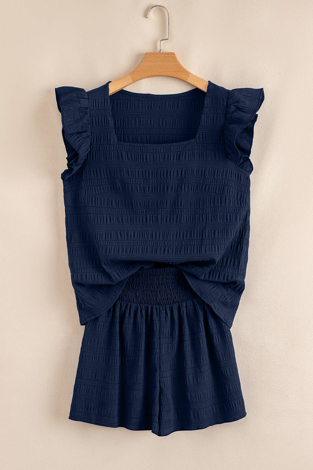 Textured Square Neck Top and Shirred Shorts Set (S-XL)