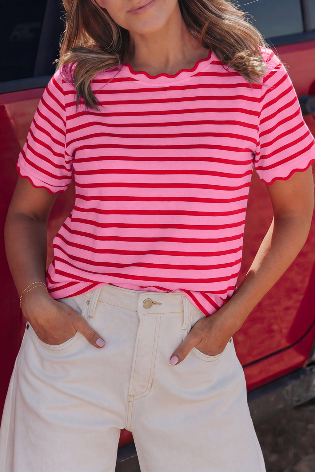 Stripe Scalloped Trim Round Neck T Shirt