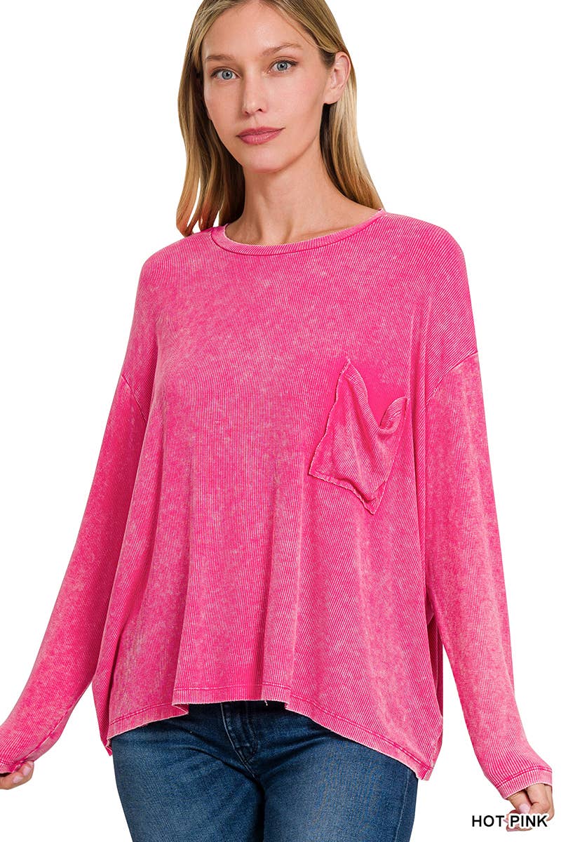Washed Dolman Sleeve Round Neck Top With A Pocket - Zenana