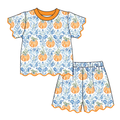 Girls Halloween Pumpkin Scalloped Trim Short Set | Boutique Fall Outfit