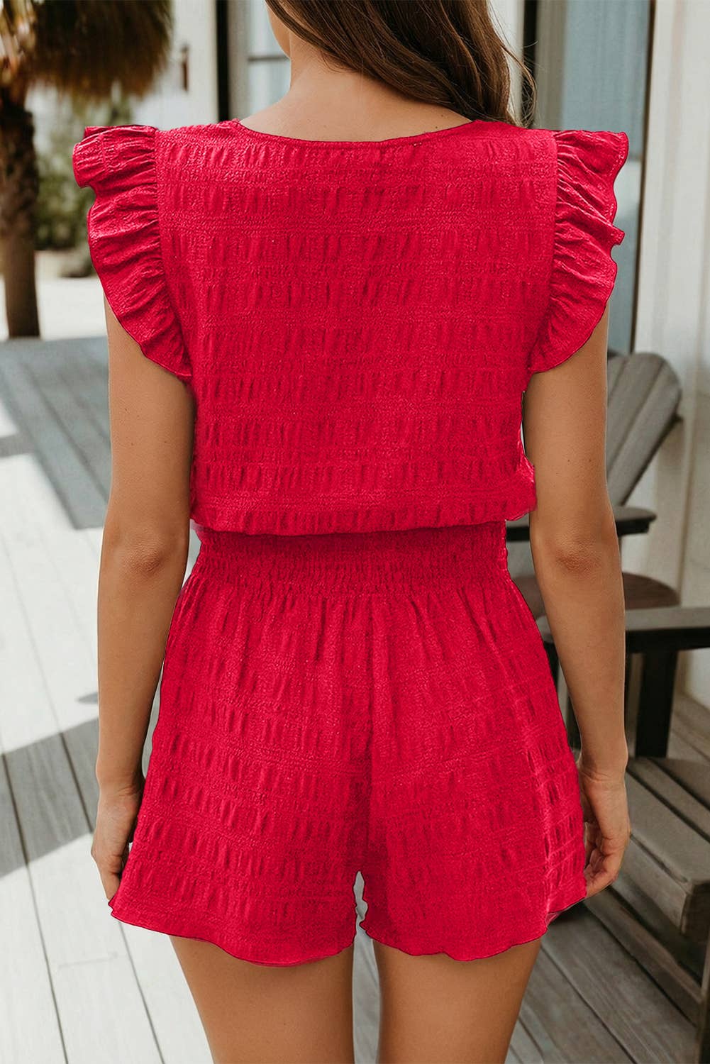 Textured Square Neck Top and Shirred Shorts Set (S-XL)