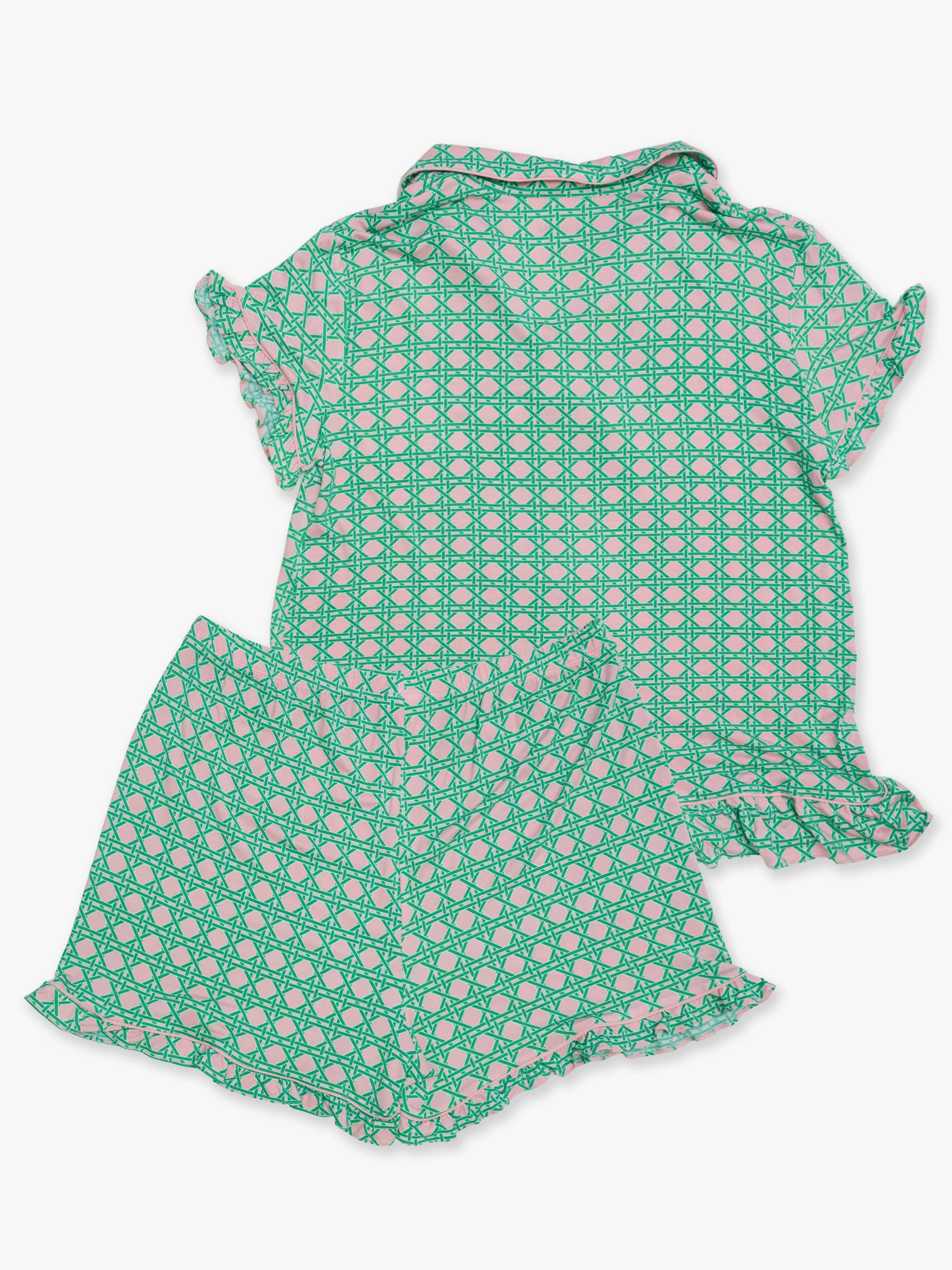 SoftSnooze™ Women's Bamboo Viscose Pink Coastal Cane Short Sleeve Bow Ruffle Pajama Set