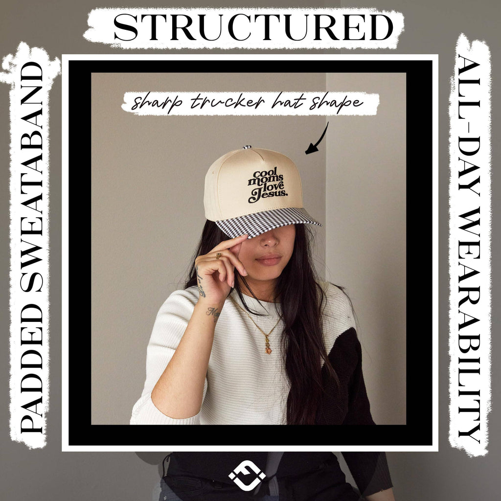 2 Tone Cap: Cool Moms Love Jesus - Gingham Print Beige/Black