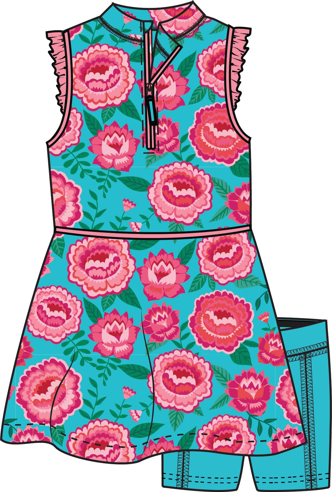 Girls Bright Blossoms Flutter Sleeve Active Dress & Bike Short Set