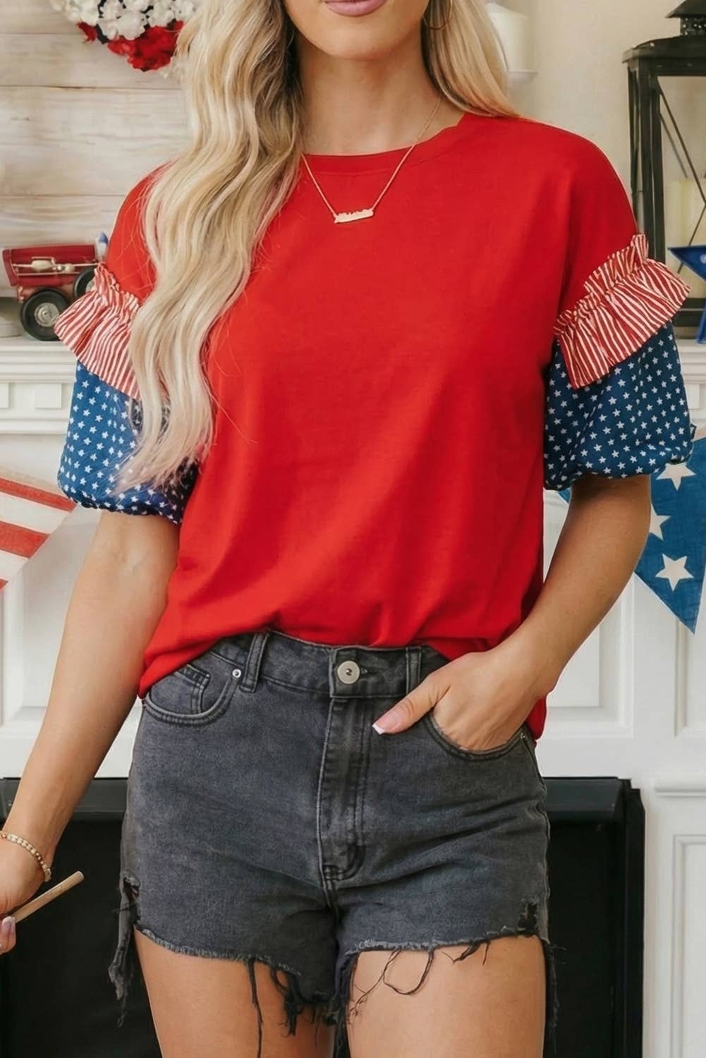66 Plus Size Stars Stripes Short Puff Sleeve Top (S-4X)