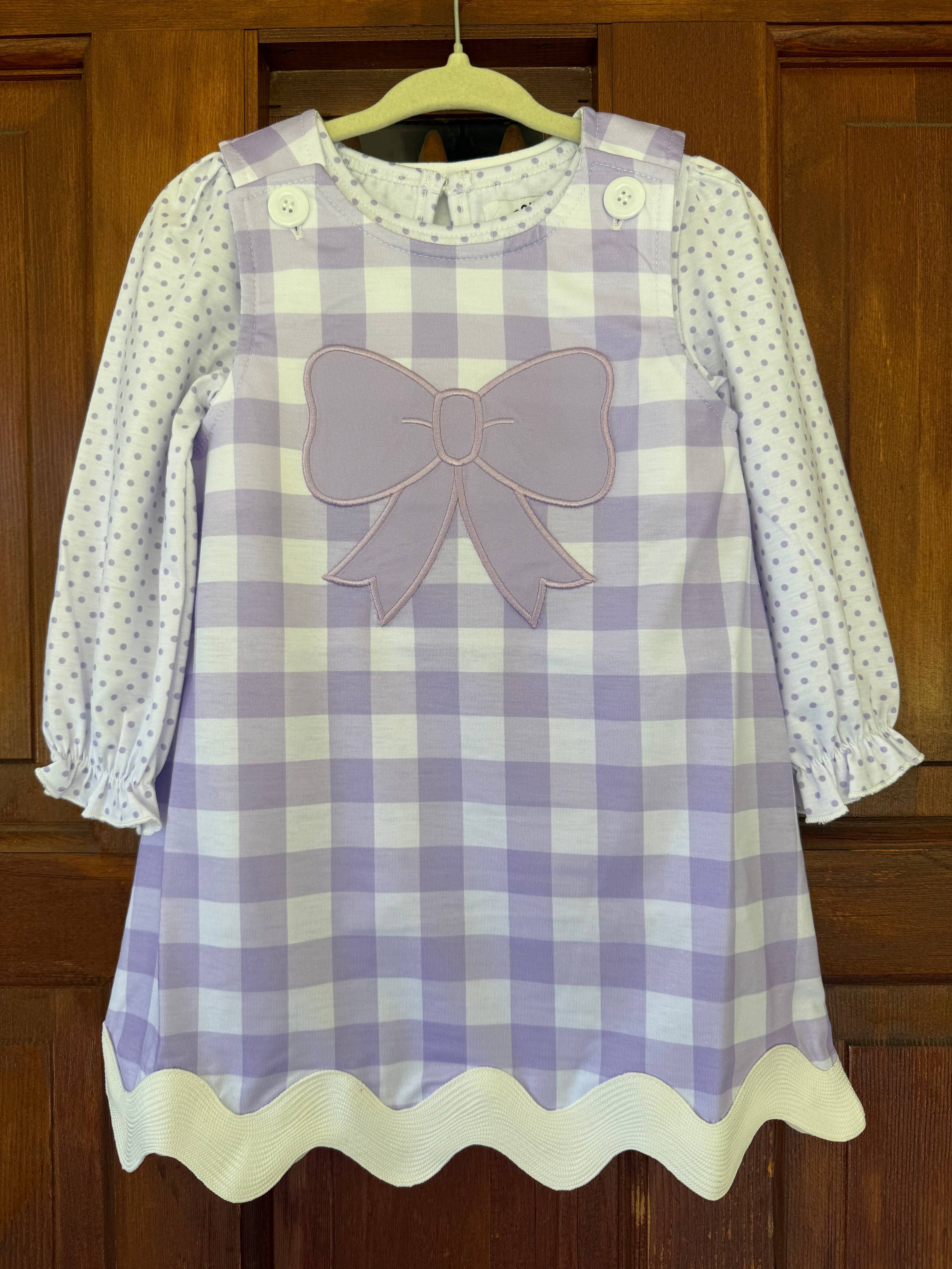 Purple Gingham Bow Dress & Bitty Dot Long Sleeve Top
