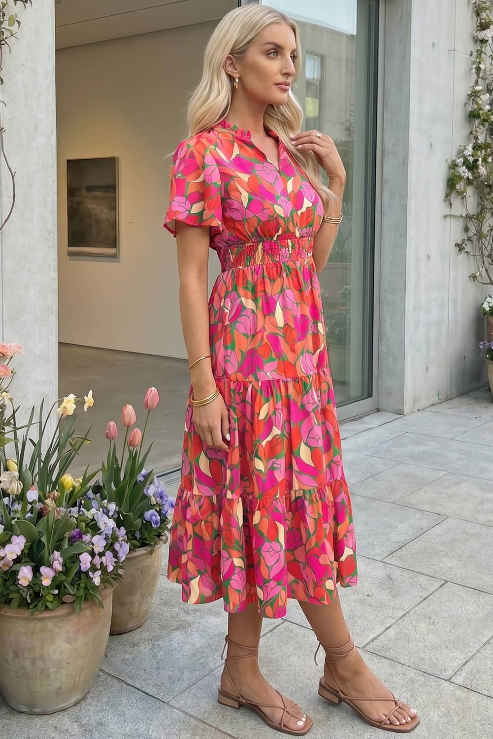 Floral Short Sleeve Smocked Waist Maxi Dress (S-XL)