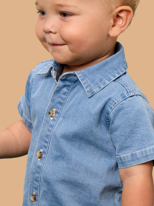Baby Boys Light Wash Denim Button-Up Romper