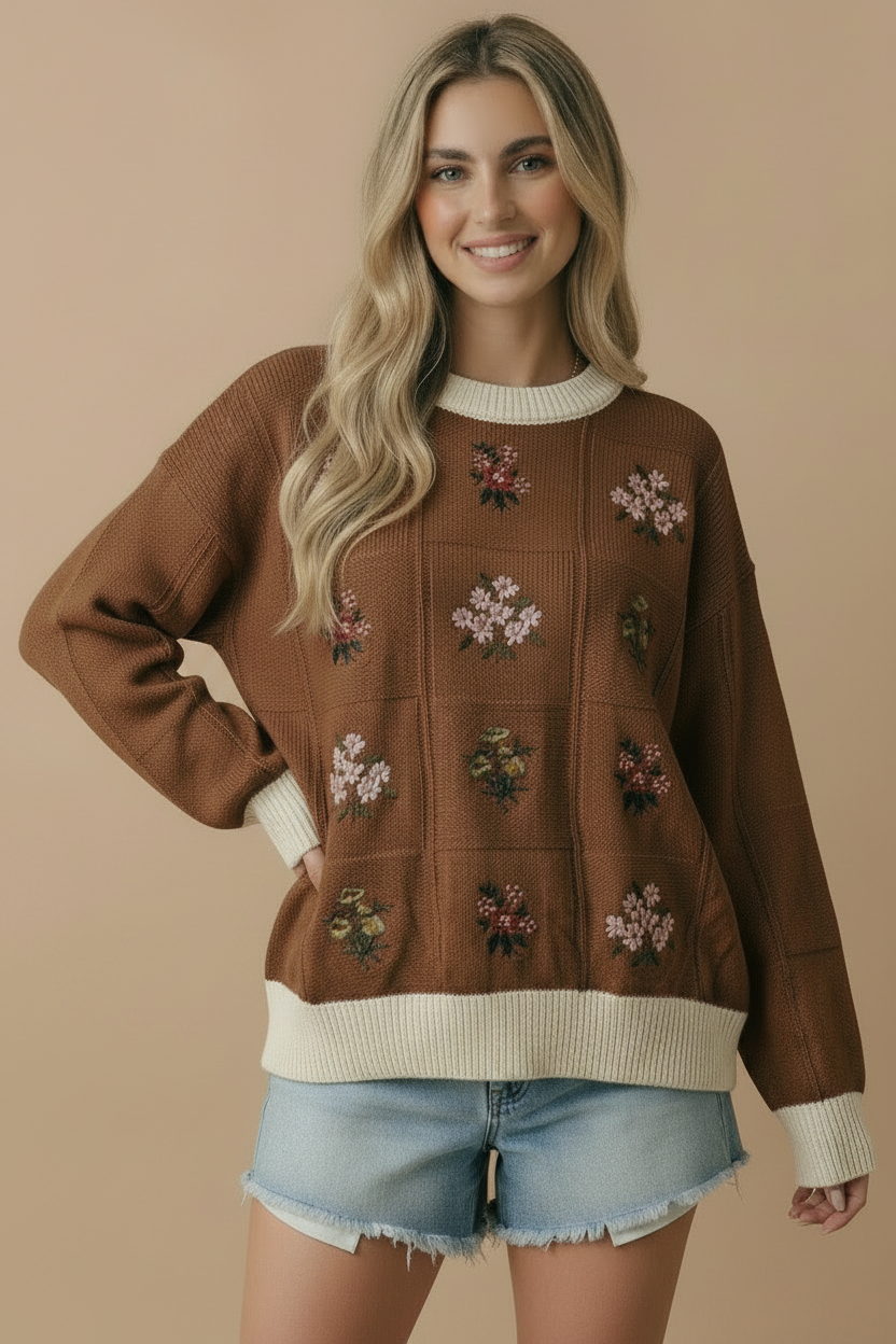 Plus Round Neck Floral Embroidery Sweater Knit Top